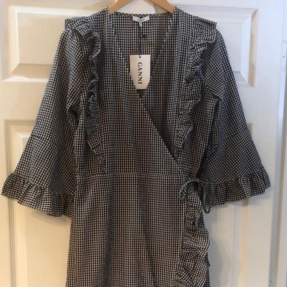 NEW GANNI GINGHAM CHECK WRAP DRESS FR40